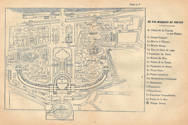 Ausführliche alte Stadtkarte mit zahlreichen Gebäuden, Straßen und Sehenswürdigkeiten, begleitet von beschreibendem Text.