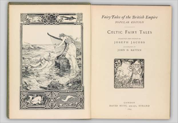 Ein aufgeschlagenes Buch mit einer Illustration eines keltischen Feenmärchens auf dem Cover, das detaillierte und leuchtende Farben zeigt, auf einer flachen Oberfläche mit sichtbarem Text auf der Seite.