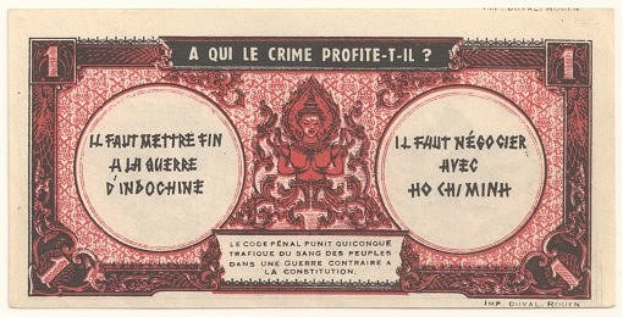 Alter französischer Geldschein mit einem ernst dreinschauenden Mann in einem Anzug, mit der Aufschrift "A qui le crime profite-il?" auf einem weißen Hintergrund mit schwarzem Rand.