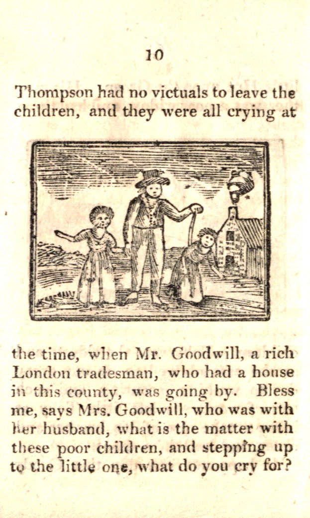 Ein Blatt mit einer Zeichnung eines verzweifelten Mannes, der zwei weinende Kinder hält, begleitet von dem Text "Thompson hatte keine Opfer, die er den Kindern hinterlassen konnte, und sie weinten alle"