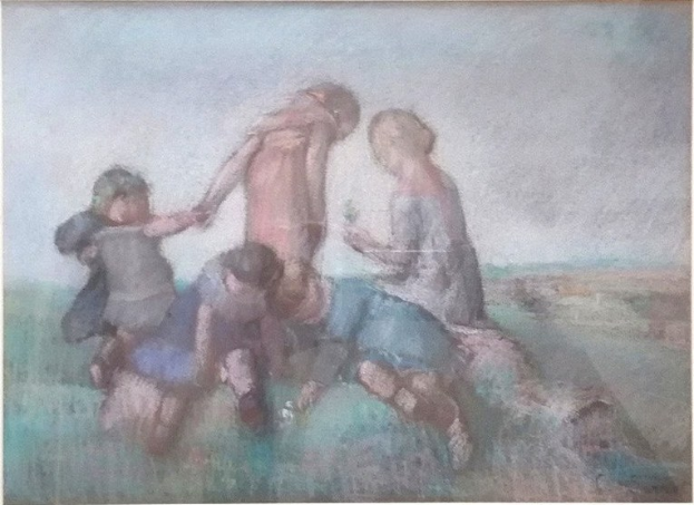 Malerei von Kindern, die auf einem Feld spielen, gerahmt, mit hellen, fröhlichen Farben und spielerischen Ausdruck.