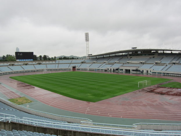 Großes Stadion mit einem Fußballfeld, umgeben von Sitzplätzen, einem Zaun, einem Anzeigebildschirm, Bäumen, einem Turm, Gebäuden und einem bewölkten Himmel.