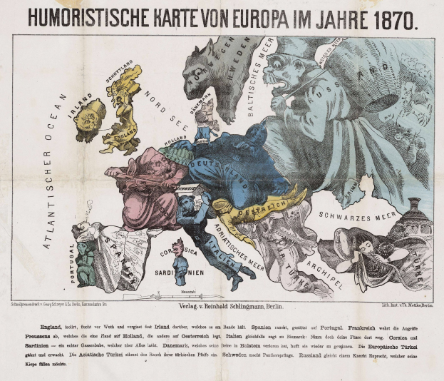 Ein Plakat mit dem Titel "Humoristische Karte von Europa im Jahre 1870" zeigt eine Karte von Europa umgeben von Cartoon-Illustrationen und Text.