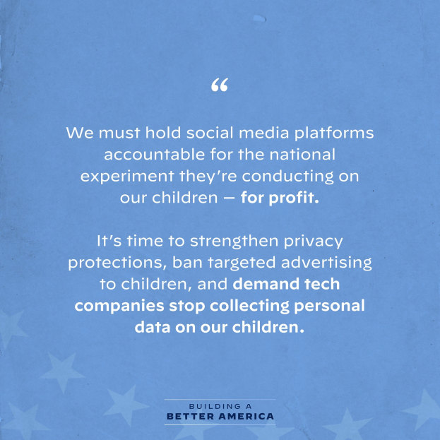 Plakat mit einem Zitat aus Building a Better America, das die Verantwortung der Social-Media-Plattformen für ihre Auswirkungen auf Kinder betont, dekoriert mit Sternen.