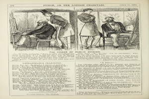 Ein altes Buchcover mit einem Mann in einem Anzug, der in einem Stuhl sitzt und nachdenklich schaut, und einer Frau, die neben ihm steht und ebenfalls nachdenklich aussieht, mit der Aufschrift "Die Macht der öffentlichen Meinung".