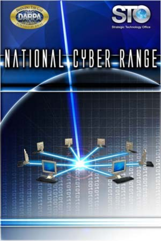 Plakat mit der Aufschrift "Nationales Cyber-Range" in fetter weißer Schrift auf einem blauen Hintergrund, das eine mit mehreren Computern verbundene Weltkugel zeigt.
