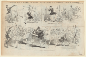 Illustration einer Gruppe von Menschen, die lebhaft tanzen, mit begleitendem Text, der das Datum, die Uhrzeit und den Ort des Ereignisses beschreibt.