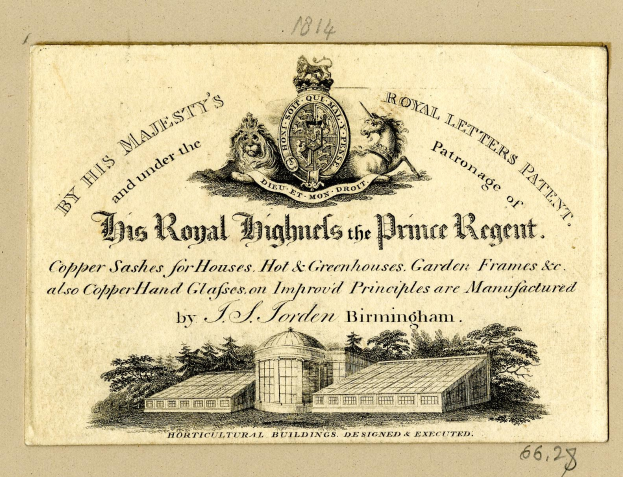 Alte Visitenkarte für 'The Royal Highmills of the Prince Regent' mit einer Illustration eines Gebäudes und Bäumen sowie einem Logo.
