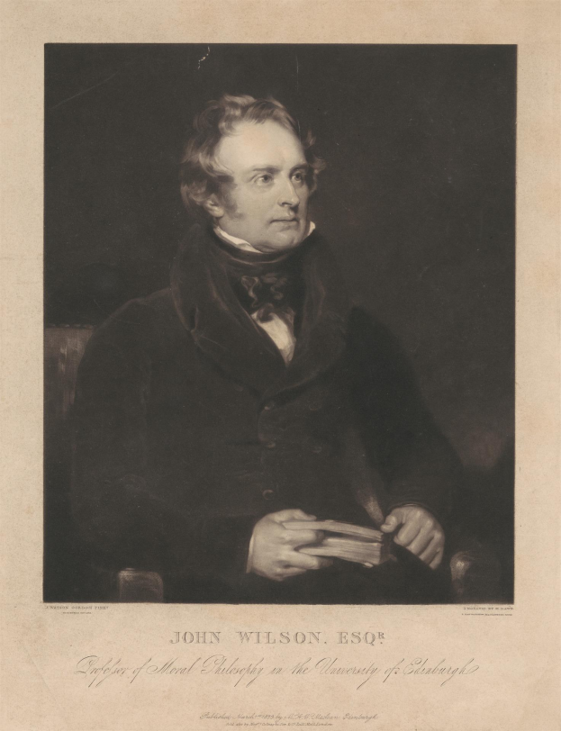 Porträt von John Wilson Esqr., dem Begründer der Moralphilosophie an der Universität Edinburgh, sitzend in einem Stuhl und ein Buch haltend, mit Text unten.
