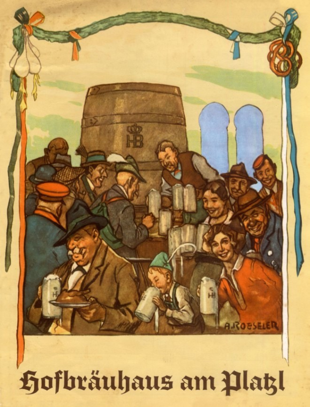 Plakat, das ein Bierfest in Deutschland ankündigt und Menschen mit Biergläsern und einem Fass zeigt, mit deutschem Text unten.