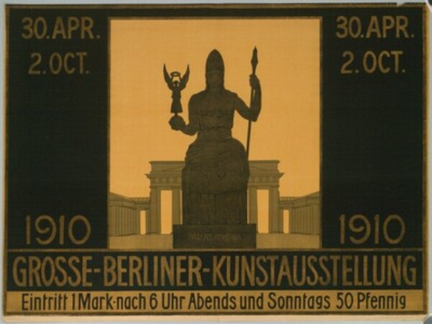 Ein Plakat mit einer Statue vor einem Gebäude, mit Text und Zahlen, bewirbt die Berliner-Kunstausstellung.