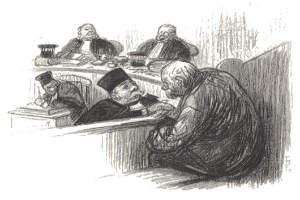 Ein Schwarz-Weiß-Zeichnung von einer Gruppe von Menschen, wahrscheinlich Anwälten, die um einen Tisch in einem Gerichtssaal sitzen, mit verschiedenen Gegenständen auf dem Tisch und Text unten.