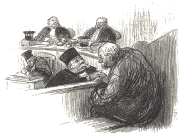 Ein Schwarz-Weiß-Zeichnung von einer Gruppe von Menschen, wahrscheinlich Anwälten, die um einen Tisch in einem Gerichtssaal sitzen, mit verschiedenen Gegenständen auf dem Tisch und Text unten.