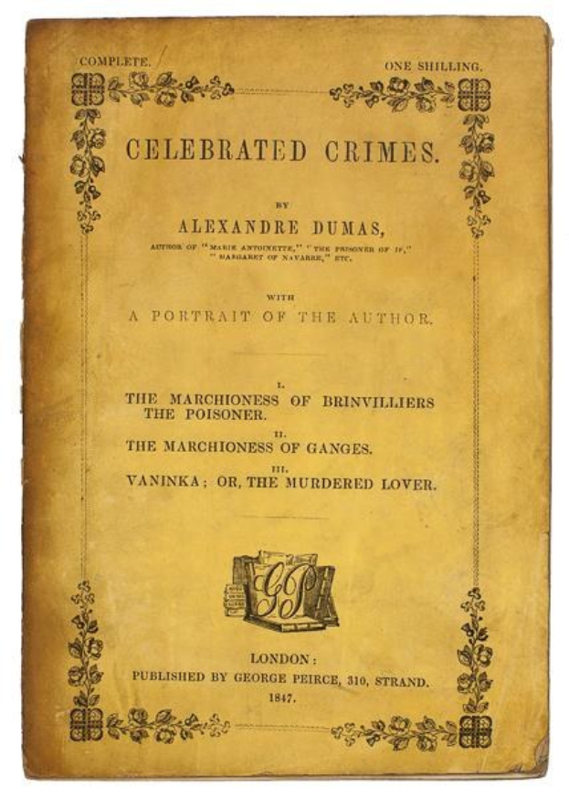 Ein altes Buch mit dem Titel "Berühmte Verbrechen" von Alexandre Dumas mit einem Porträt des Autors auf dem Cover, verziert mit kunstvollen Designs und Texten.