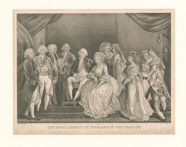 Gruppenbildnis der britischen Königsfamilie im Jahr 1787, sitzend und stehend auf einer Treppe mit Vorhängen im Hintergrund, einschließlich Text unten.