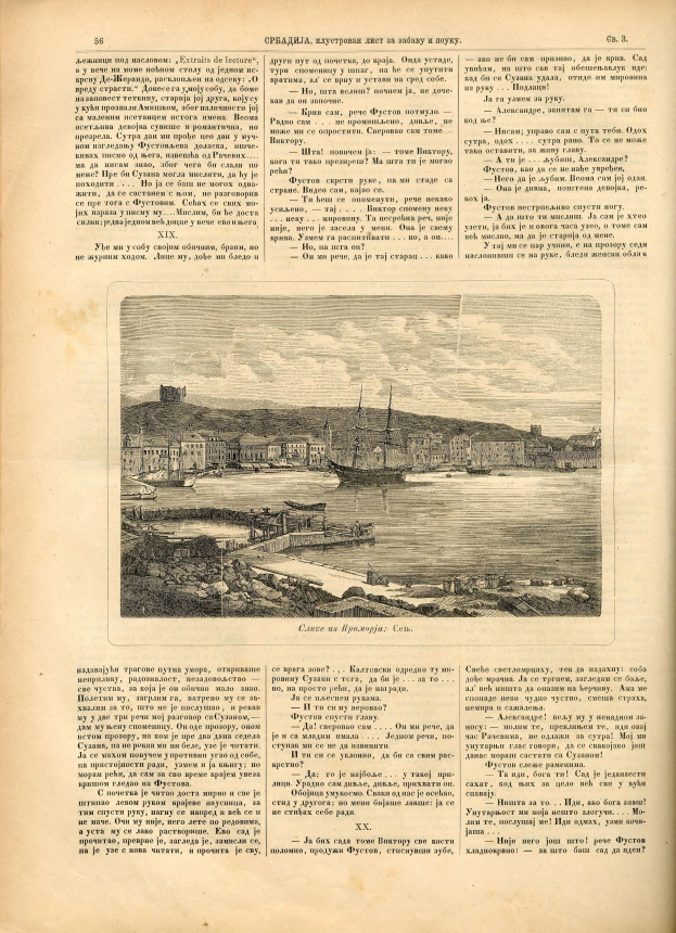 Ein aufgeschlagenes Buch mit einer Zeichnung eines Hafens, begleitet von Text und anderen Bildern, das detaillierte Informationen über den Hafen liefert.