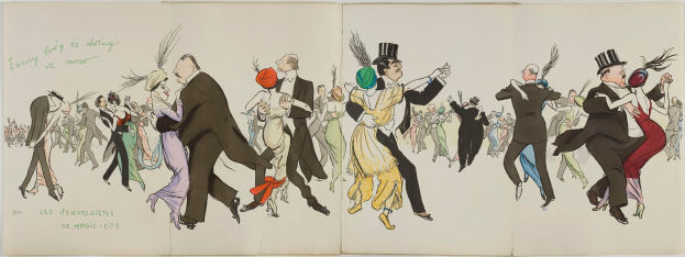 Ein aufgeschlagenes Buch mit einer Zeichnung von tanzenden Menschen in bunten Kostümen unter einem hellblauen Himmel mit weißen Wolken, mit dem Text 'Les Vendredières de Magic City' auf der linken Seite.