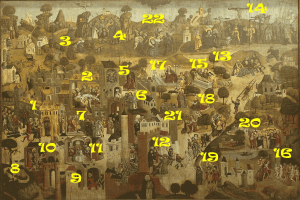 Ein Bild einer Stadtlandschaft mit Menschen, Gebaeuden, Baeumen und einem zentralen Kalender mit Zahlen.