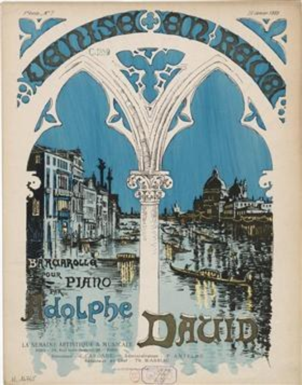 Plakat, das ein Klavierkonzert in Venedig, Italien, ankündigt, mit einer Illustration von Gebäuden, Wasser und einer Säule sowie Text.