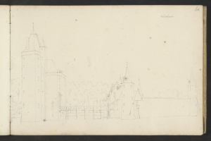 Ein aufgeschlagenes Buch mit der Aufschrift 'Johannes Vermeulens Skizze der Stadt Heidelberg, Deutschland' zeigt eine Zeichnung einer Burg umgeben von Bäumen.