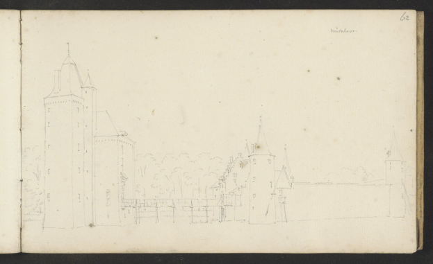 Ein aufgeschlagenes Buch mit der Aufschrift 'Johannes Vermeulens Skizze der Stadt Heidelberg, Deutschland' zeigt eine Zeichnung einer Burg umgeben von Bäumen.