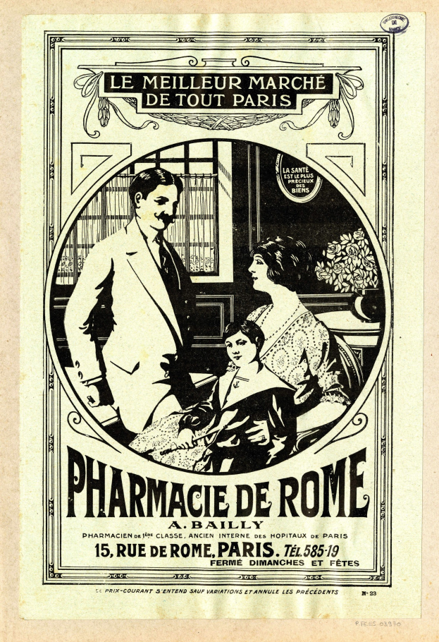 Schwarze-wei├če Anzeige für eine Apotheke in Rom, die einen Mann und eine Frau zeigt, die nebeneinander stehen, mit Text, der die Apotheke und ihre Dienstleistungen beschreibt.