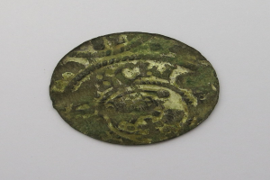 Eine grüne Münze mit einem kreisförmigen Design auf einem weißen Hintergrund.