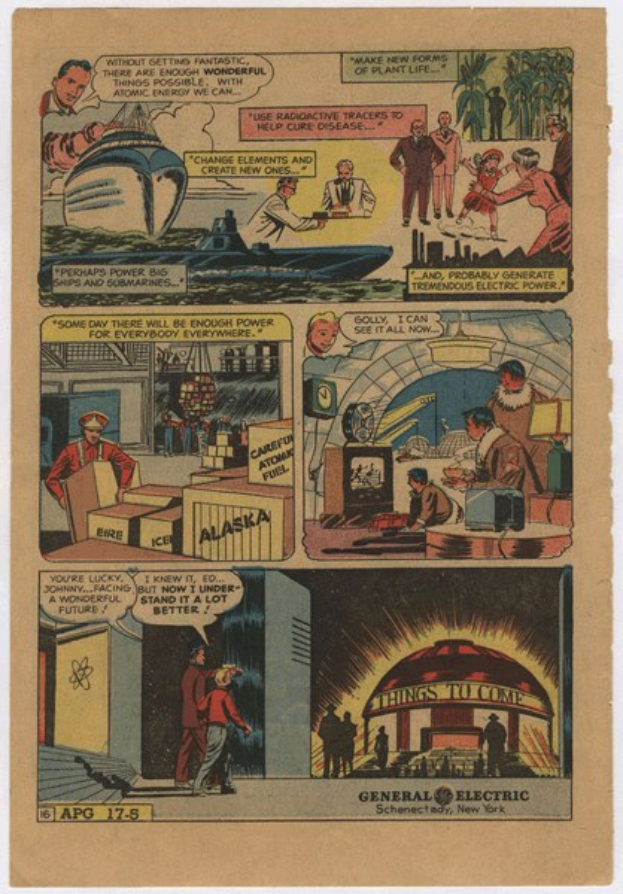Comic-Heftseite mit einem Mann in einem blauen Anzug mit roter Krawatte und einer Frau in einem weißen Kleid mit einem blauen Schultertuch, vor einem hellblauen Himmel mit weißen Wolken.