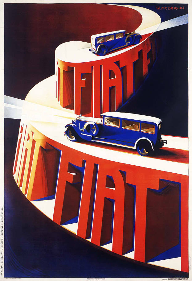 Blaue und rote Fiat-Auto-Plakate mit "Fiat"-Text.