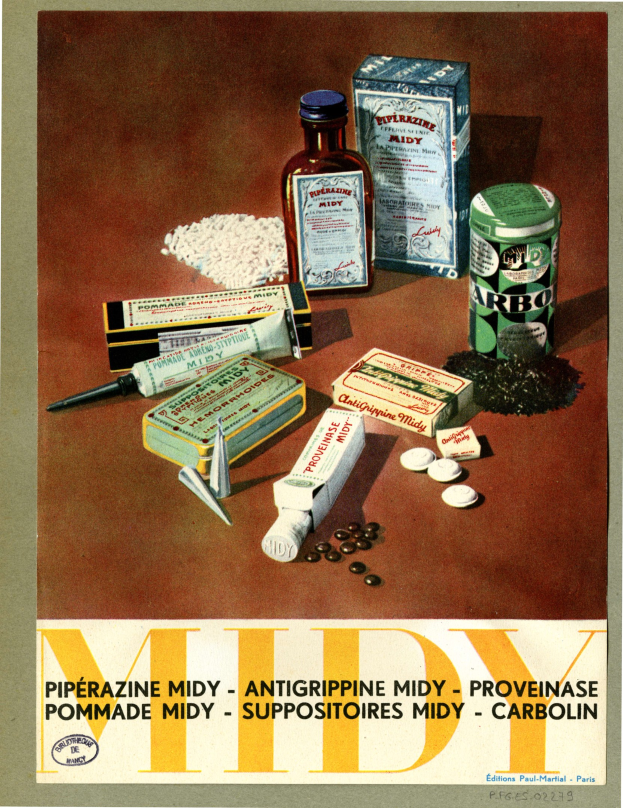 Plakat mit verschiedenen Medikamenten-Artikeln, einschließlich Flaschen und Schachteln, mit dem Text "Piperazine Midy - Antigripine Midy Provence" unten.