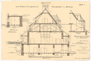Ein detailliertes architektonisches Zeichnung eines Hauses mit zahlreichen Fenstern und einem Dach, identifiziert als das erste Haus in Deutschland, begleitet von Text und Plänen auf Papier.