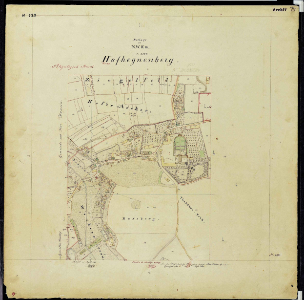 Alte Karte von Hofhegenberg, Deutschland, mit schwarzem Rand, zeigt Straßen, Gebäude und Sehenswürdigkeiten.