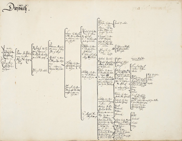 Offenes Buch mit handschriftlicher genealogischer Familiengeschichte, die die Abstammung einer deutschen Familie detailliert.