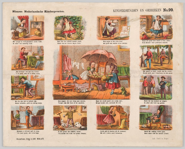 Ein altes Buch mit Bildern von Kindern, die in einem üppigen, sonnendurchfluteten Garten spielen, zeigt Aktivitäten wie das Spielen mit Spielzeug und einem Ball.