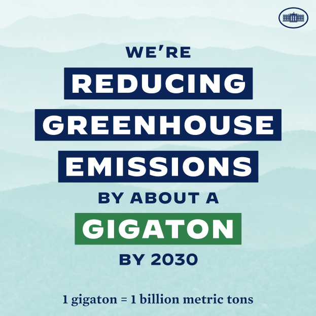 Ein Plakat mit Text und Logo, auf dem steht: "Wir reduzieren die Treibhausgasemissionen um etwa eine Gigatonne bis 2030."