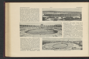 Offenes Buch mit Stadionbild und Text sowie Fotos, das detaillierte Stadioninformationen enthält.