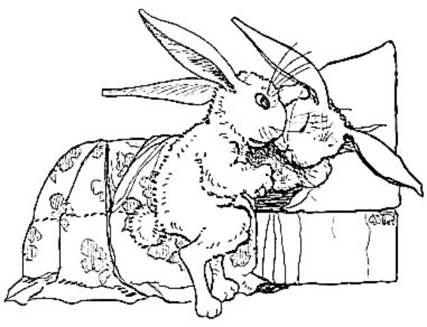 Schwarze und weiße Zeichnung von zwei Hasen, die auf einem Sofa sitzen und von Ostereier- und Hasen-Malvorlagen umgeben sind.