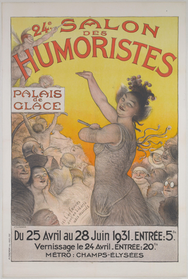 Plakat für den Salon des Humoristes in Paris mit einer Frau inmitten einer Menschenmenge und beschreibendem Text.