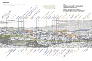 Ein detaillierter Stadtplan von Wiesbaden, Deutschland, mit verschiedenen Blautönen, Grüntönen und Gelbtönen, die verschiedene Bereiche darstellen, überlagert mit weißer Textbeschriftung, die die Geschichte der Stadt, die Bevölkerung, Sehenswürdigkeiten und interessante Punkte beschreibt.