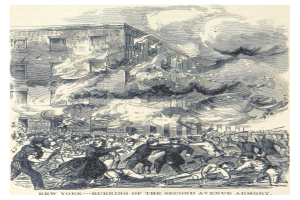 Ein Plakat zeigt das brennende Second Avenue Armory in New York City, mit Menschen vor dem Gebäude und Rauch, der aus dem Gebäude aufsteigt, und Text unten, der lautet "New York - Brand des Second Avenue Armory".