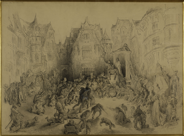 Ein gerahmtes Bild einer belebten Stadtstraße mit Menschen, die stehen und sitzen, und Gebäuden im Hintergrund.