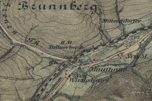 Ein detaillierter alter Stadtplan von Bunnenberg, Deutschland, der Straßen, Gebäude und Sehenswürdigkeiten zeigt.