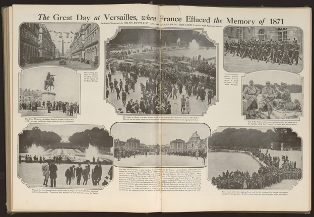 Ein aufgeschlagenes Buch mit Text und Bildern über den bedeutenden Tag in Versailles im Jahr 1871.