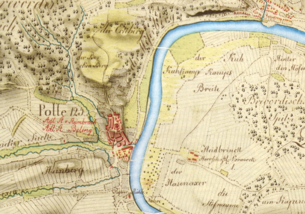Ausführliches altes Stadtplan von Polle, Deutschland, mit Straßen, Gebäuden und einem durch die Stadt fließenden Fluss.