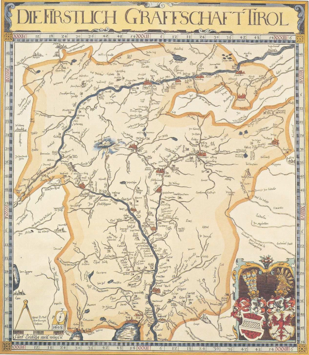 Ausführliches historisches Plakat der ersten Grafschaft Tirol-Karte, das geografische Merkmale wie Flüsse, Berge und Städte zeigt.
