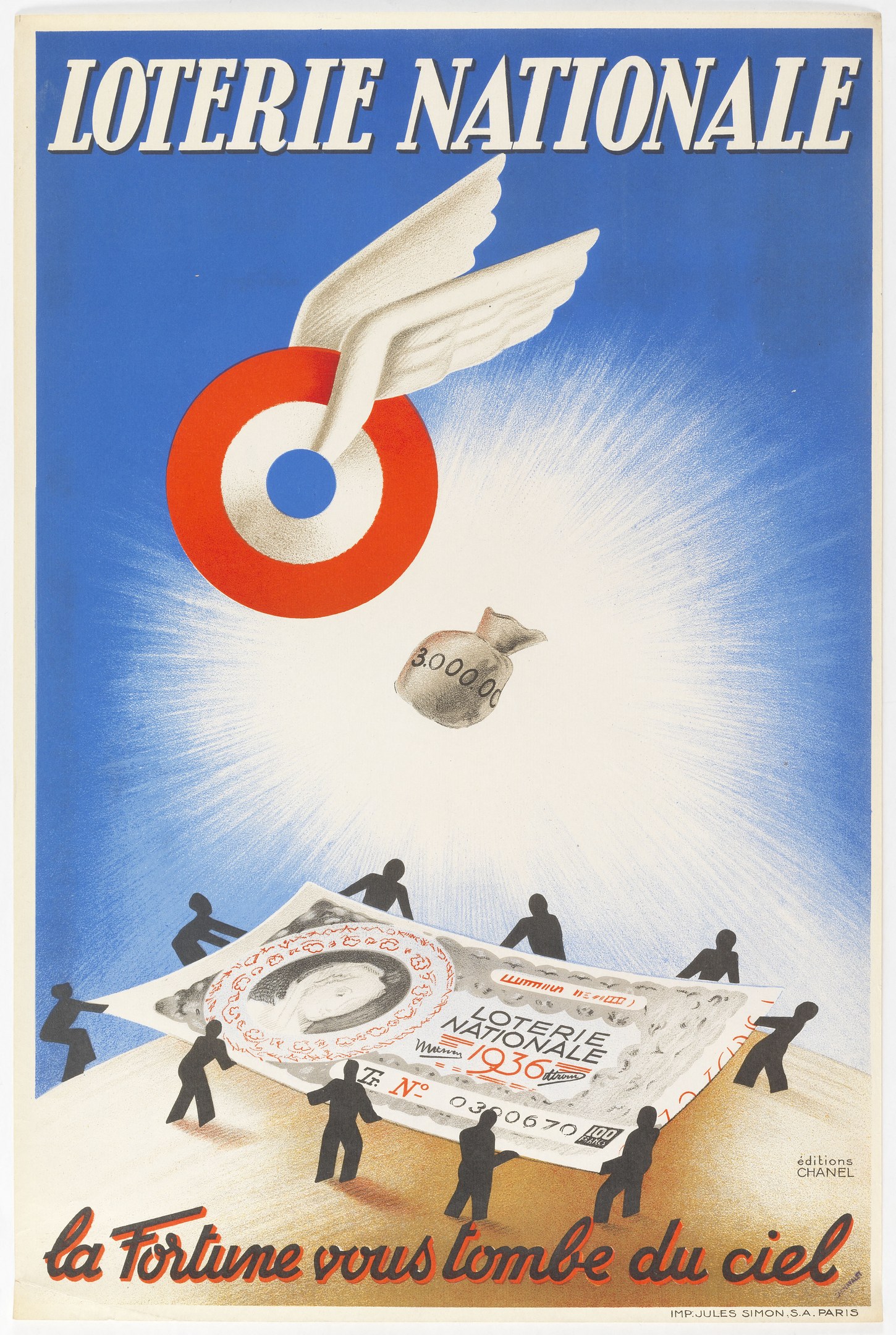 Plakat für eine nationale Lotterie mit einer Illustration eines Vogels, der über einen Stapel Geld fliegt, mit Text, der die Lotterie und ihre Preise ankündigt.