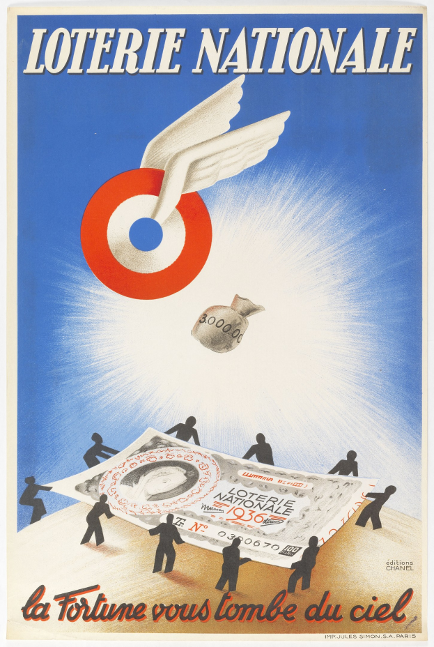 Plakat für eine nationale Lotterie mit einer Illustration eines Vogels, der über einen Stapel Geld fliegt, mit Text, der die Lotterie und ihre Preise ankündigt.