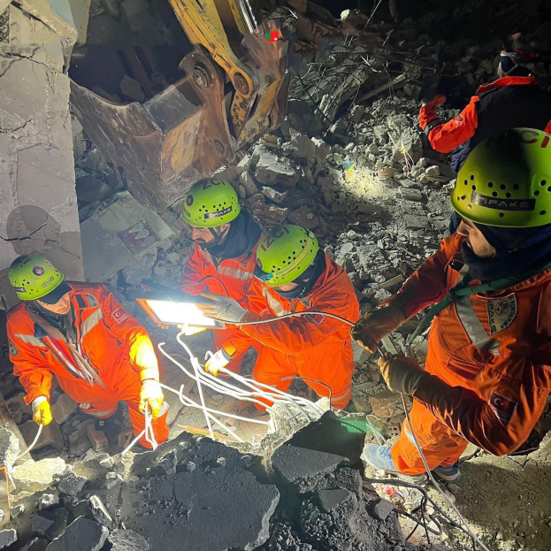Eine Gruppe von Menschen in orangefarbenen Uniformen und grünen Helmen bei der Arbeit an Schutt von einem eingestürzten Gebäude, mit einem Kran im Hintergrund, die Rettungsgeräte und -materialien halten.
