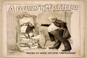 Ein Plakat, das einen Mann vor einem Spiegel mit einem Stuhl und einer Pflanze im Hintergrund zeigt und den Text "Eine schuldige Mutter - Du bist in deiner zweiten Kindheit." anzeigt.