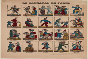 Ein Blatt mit leuchtenden, detaillierten Bildern von Menschen in bunten Karneval von Paris Kostümen, einschließlich gefiederter und aufwändiger Kopfschmuck, mit fetter Schrift.
